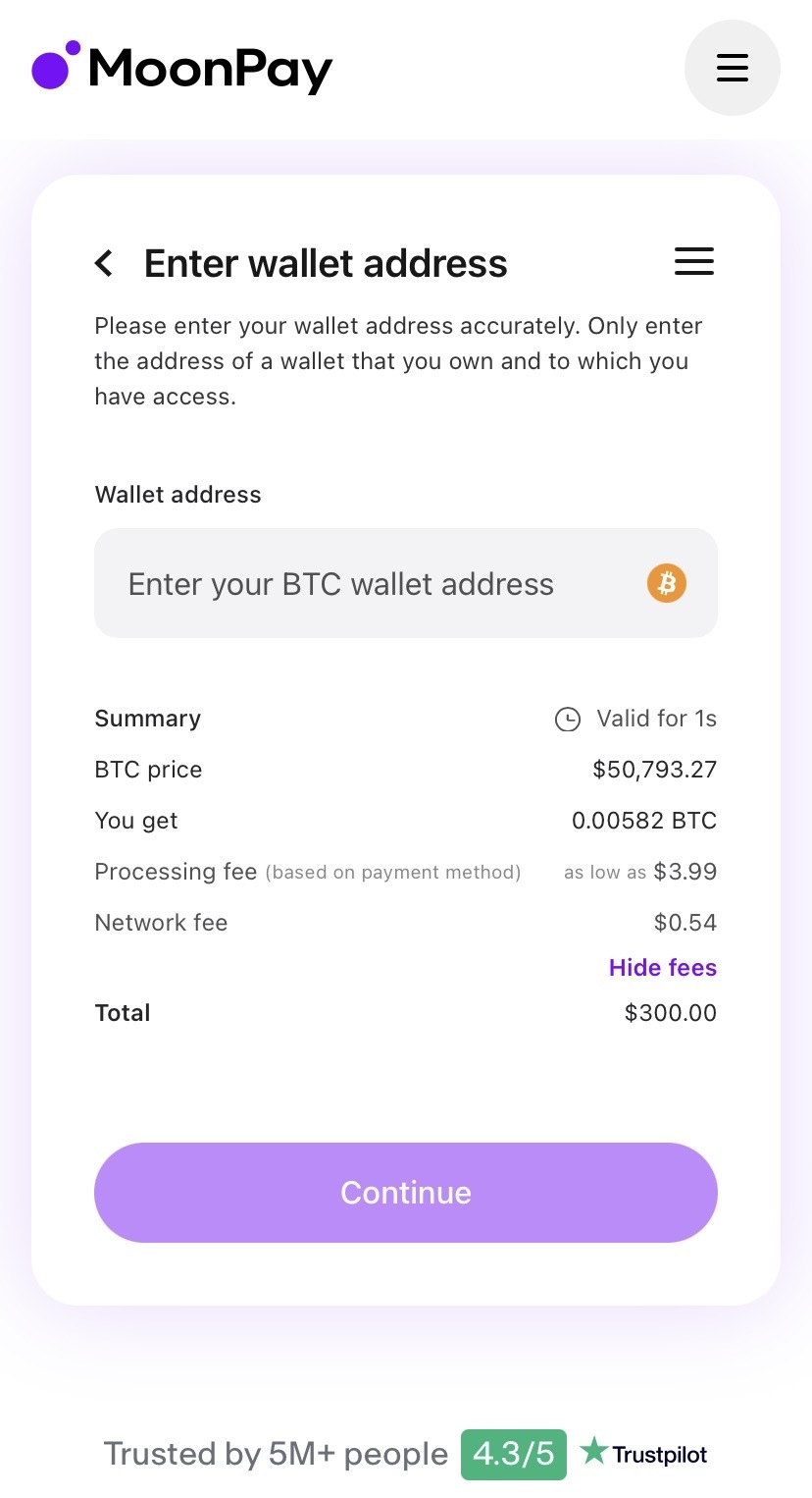 A screenshot of MoonPay’s transaction fees preview to buy and send Bitcoin.