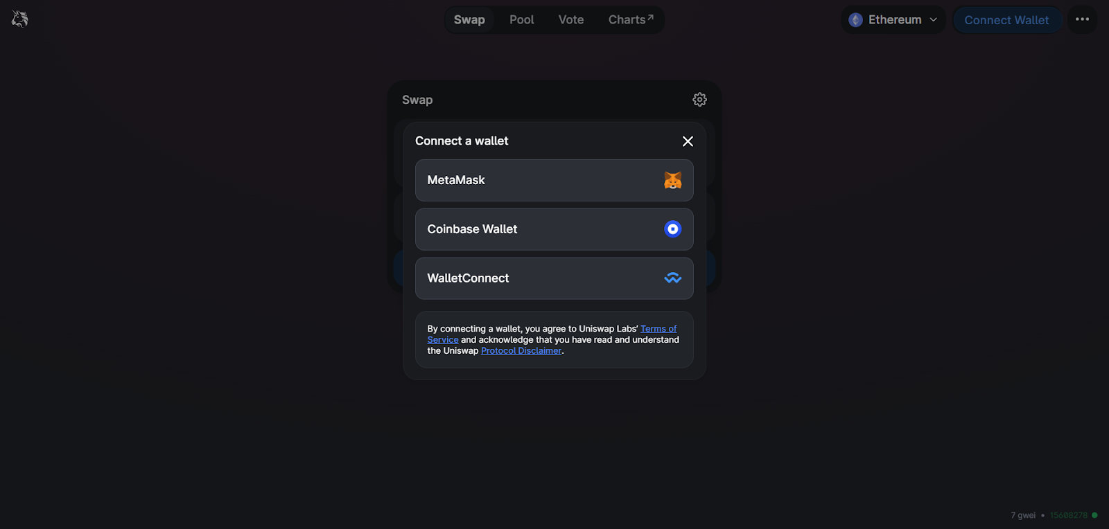 A screenshot showing how you should connect your wallet to Uniswap.