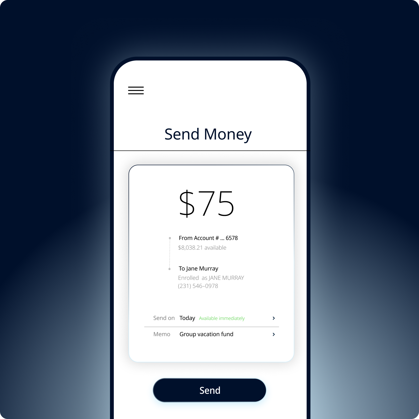 Phone mockup for step: Initiate P2P Money Transfer