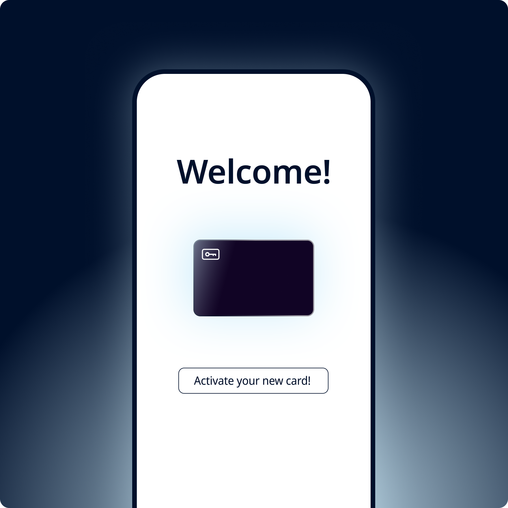 Phone mockup showing the welcome and activate card screen