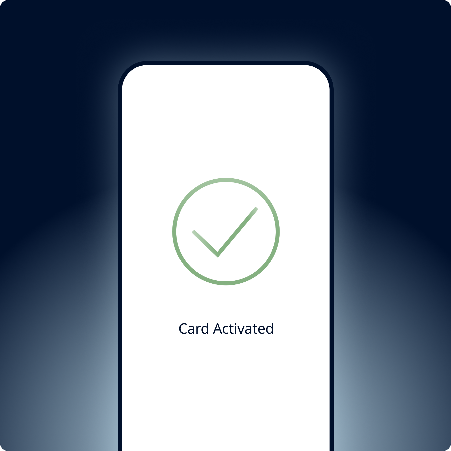 Phone mockup showing the card activated confirmation
