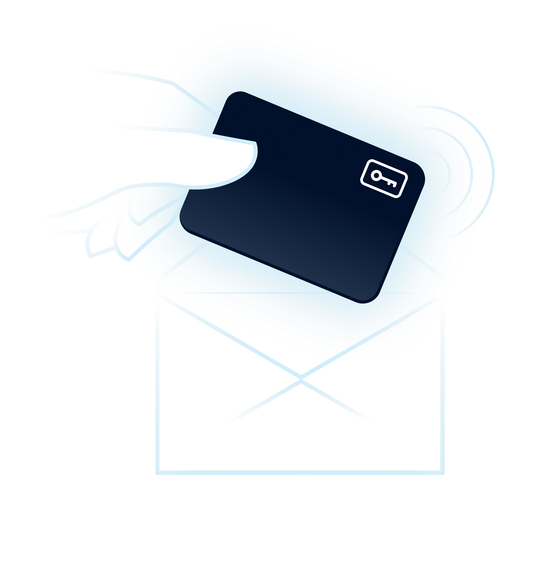 Illustration of a hand tapping a card to an envelope to activate it