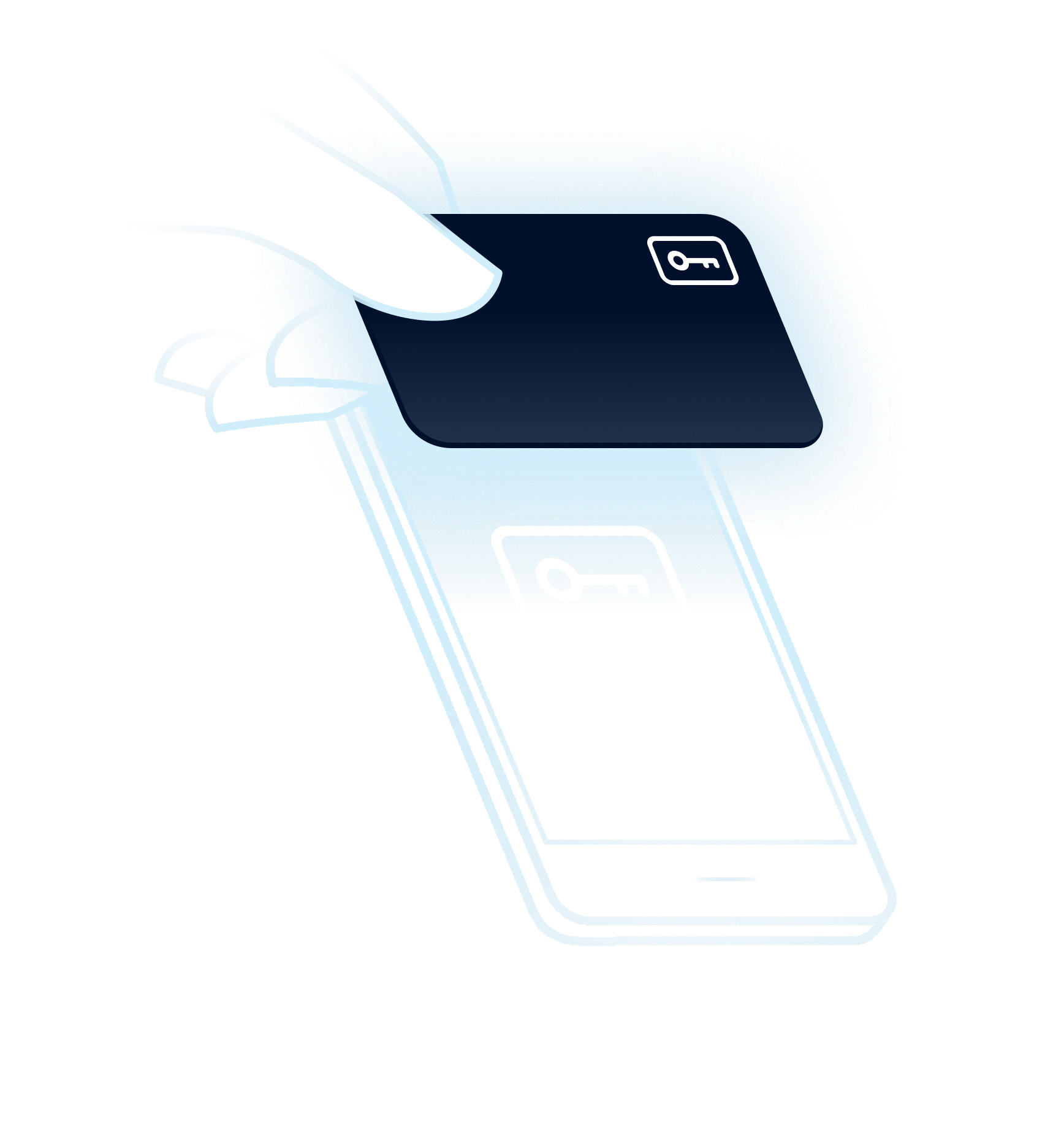 Illustration of a hand tapping a card to a phone showing a key icon
