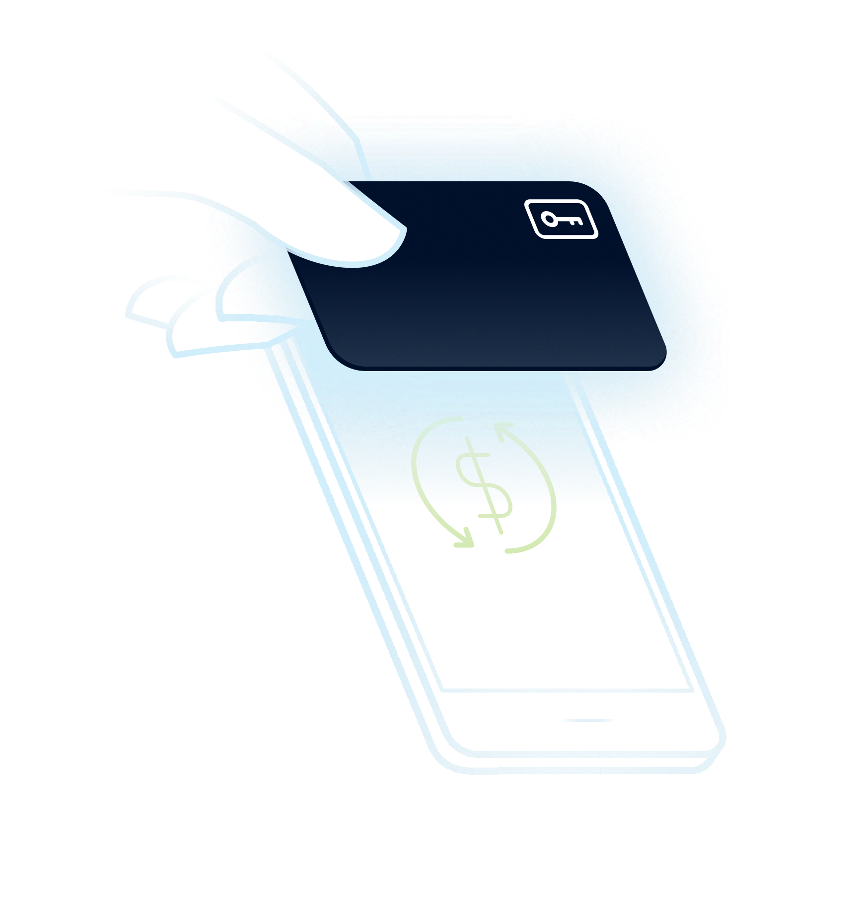 Illustration of a hand tapping a card to a phone showing a money transfer