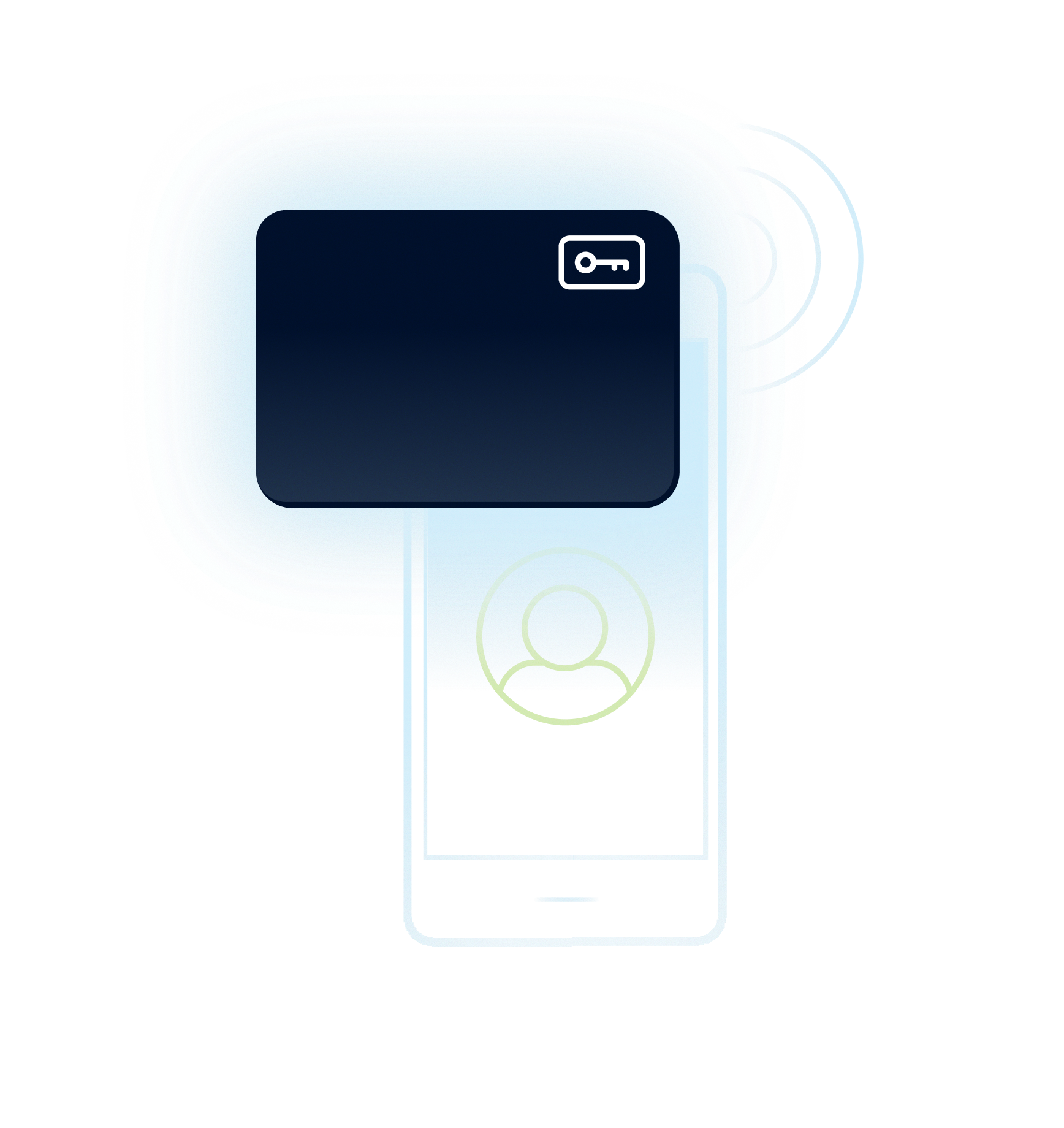 Illustration of a phone with a card tap unlocking a profile icon