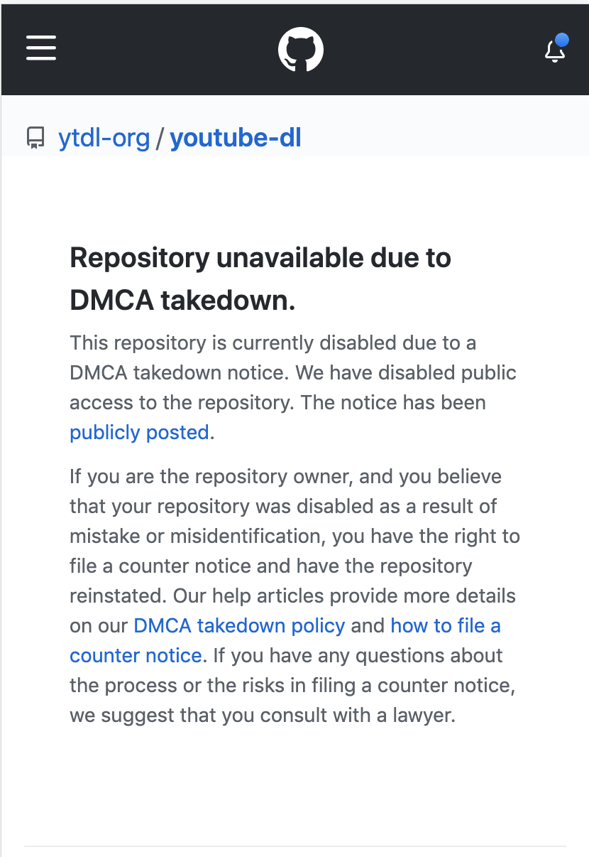 Github take down youtube-dl DMCA