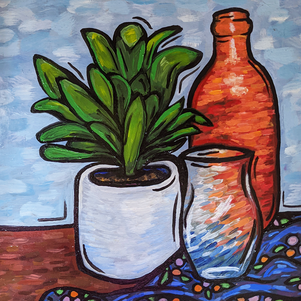 Small Plant With Vase and Bottle