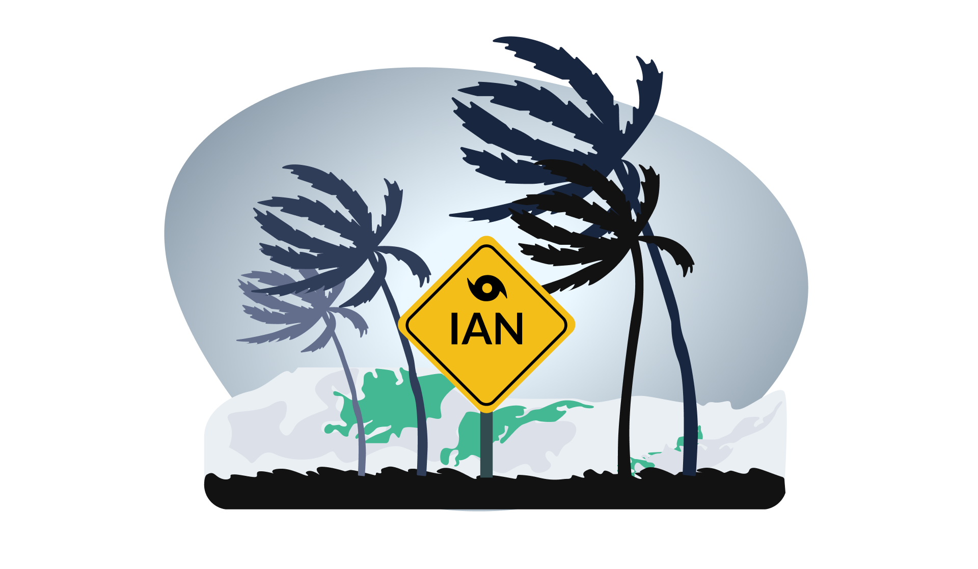 Graphic of palm trees in high winds with waves, and hurricane caution sign with the name Ian.