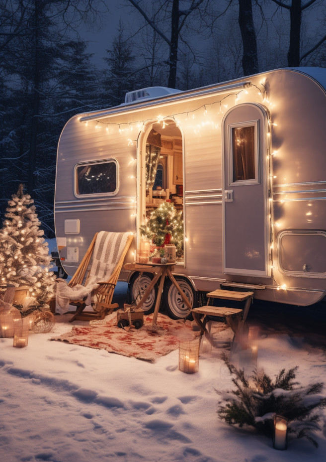 An RV decked out with holiday lights and snowflake