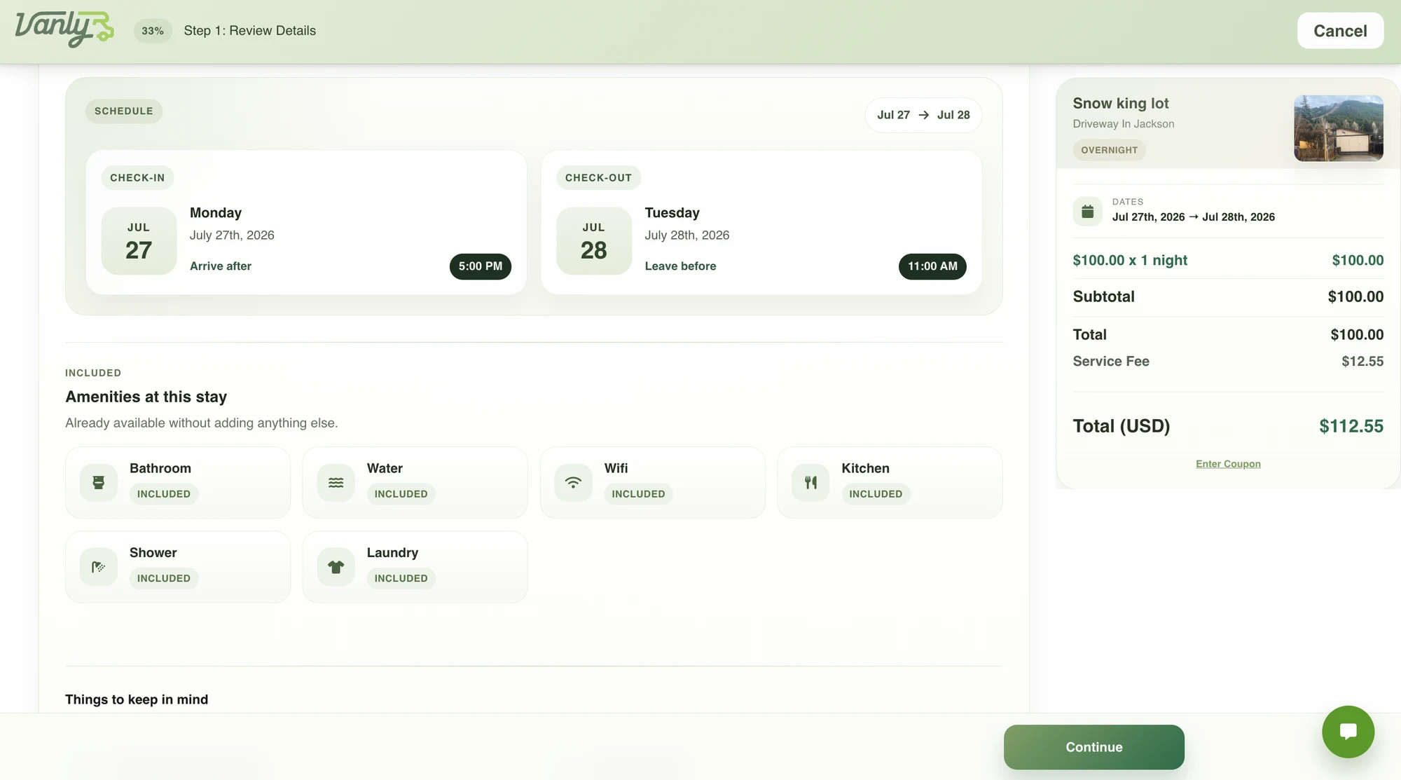 Vanly booking review page showing the selected stay dates and arrival schedule.