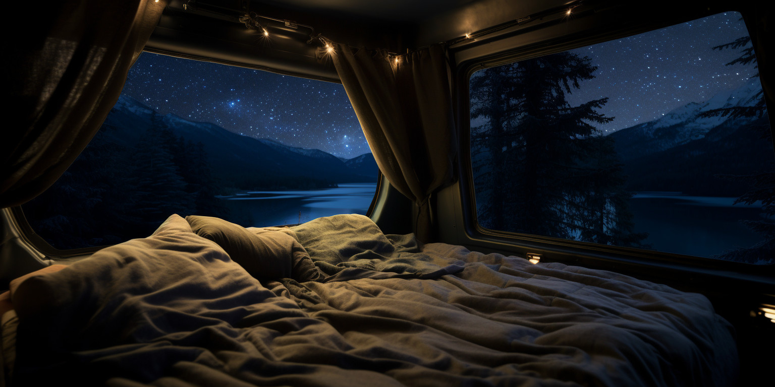 A campervan parked in a tranquil, secluded area, surrounded by nature, with a breathtaking night sky filled with stars overhead