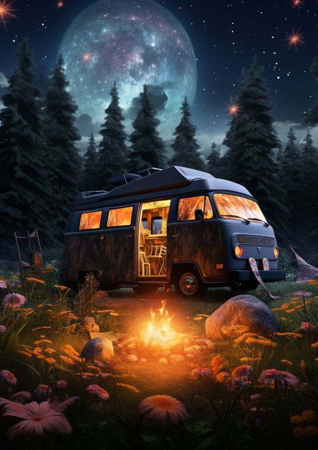 A cozy campervan nestled in nature, under a sky ablaze with stars