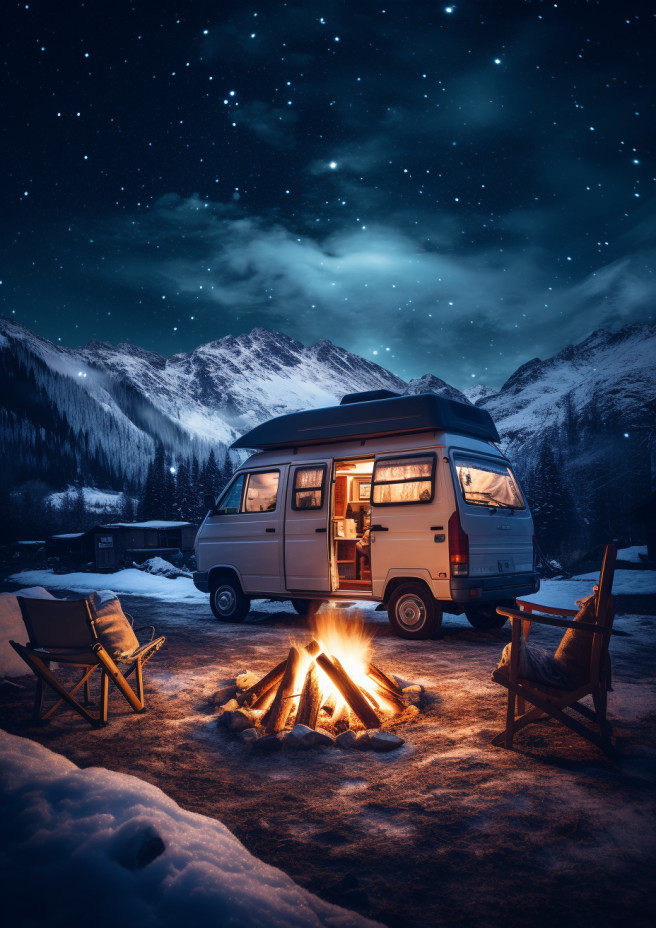 A campervan roasting marshmallows by a blazing campfire under the snowy stars