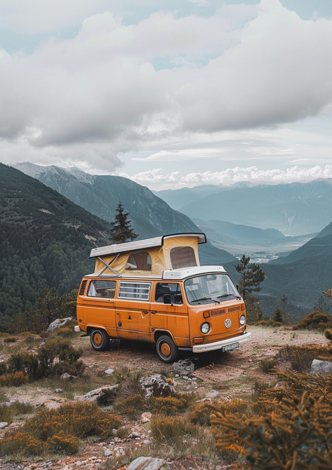 Vintage campervan parked overlooking scenic mountain landscape