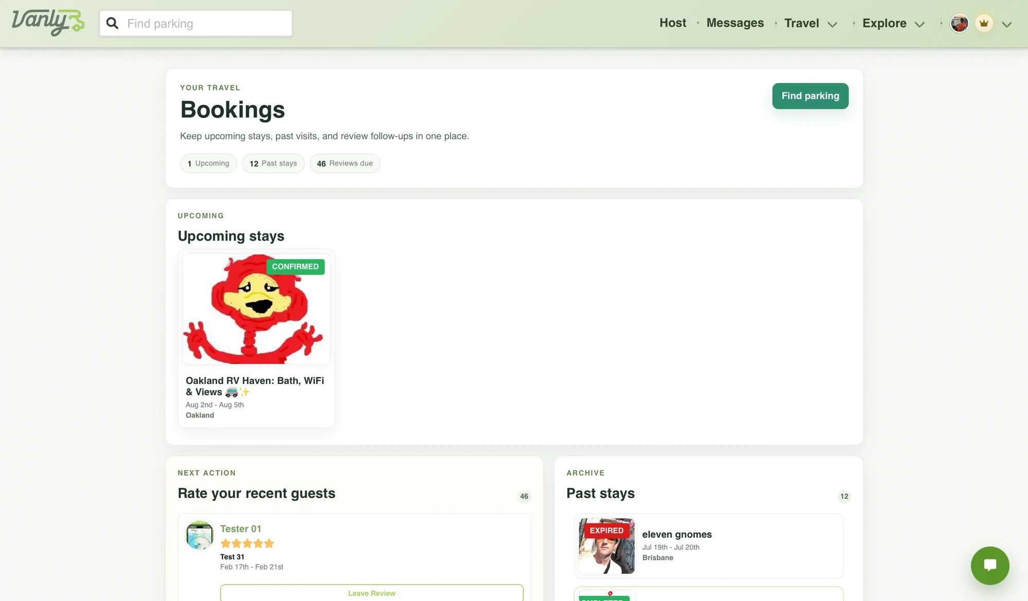 Vanly Trips page showing counts for upcoming stays, past stays, and reviews due.