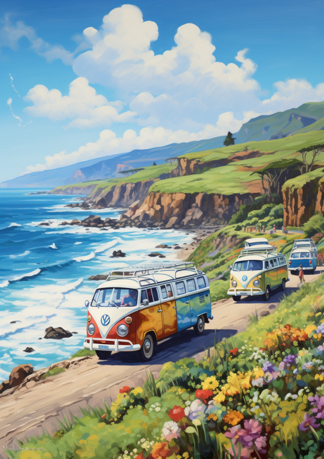 A colorful parade of campervans cruising along a coastal highway under a sunny sky