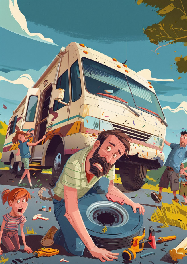 Cartoon scene of an overwhelmed family dealing with various spring RV maintenance issues