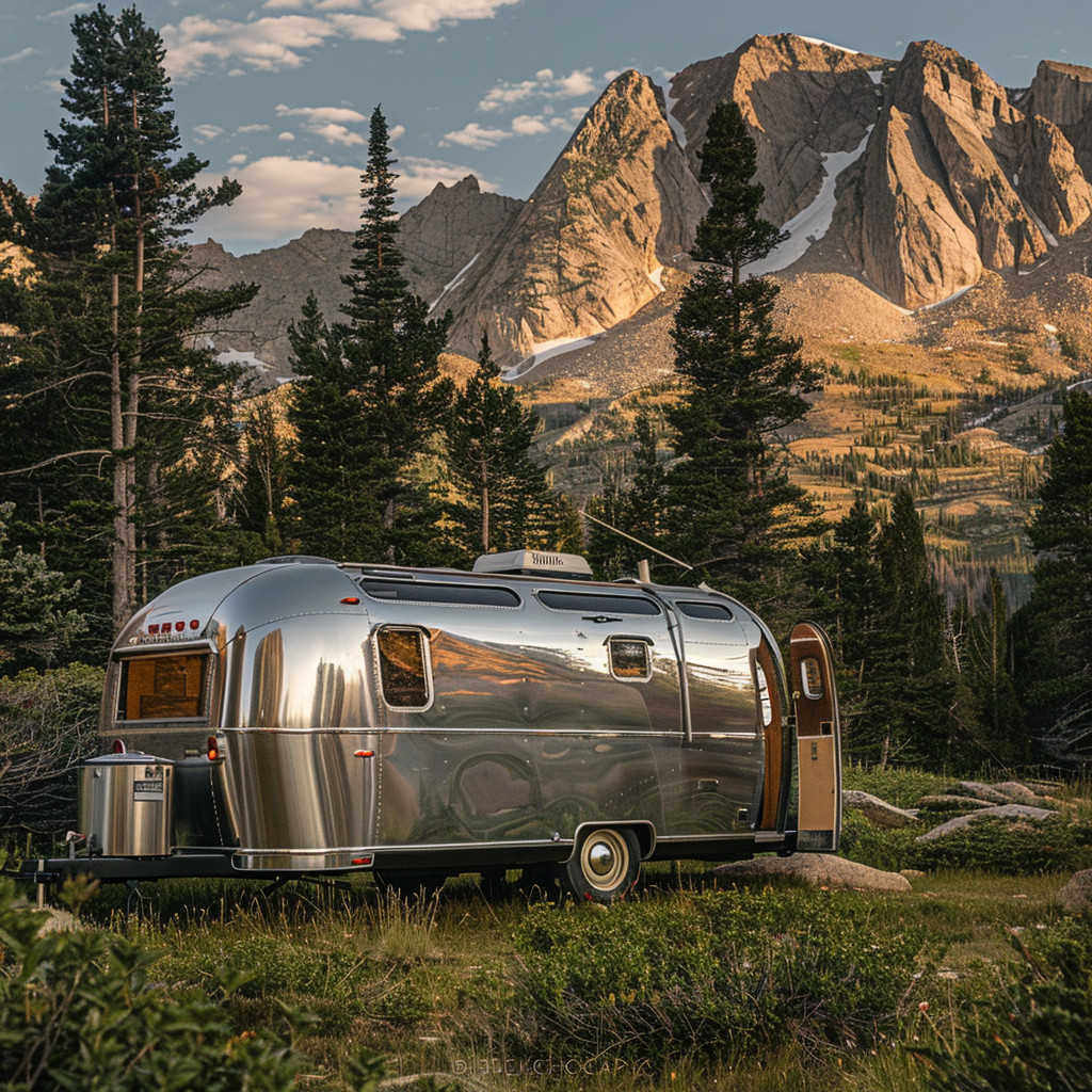 Vintage Airstream trailer camping in majestic mountain national park