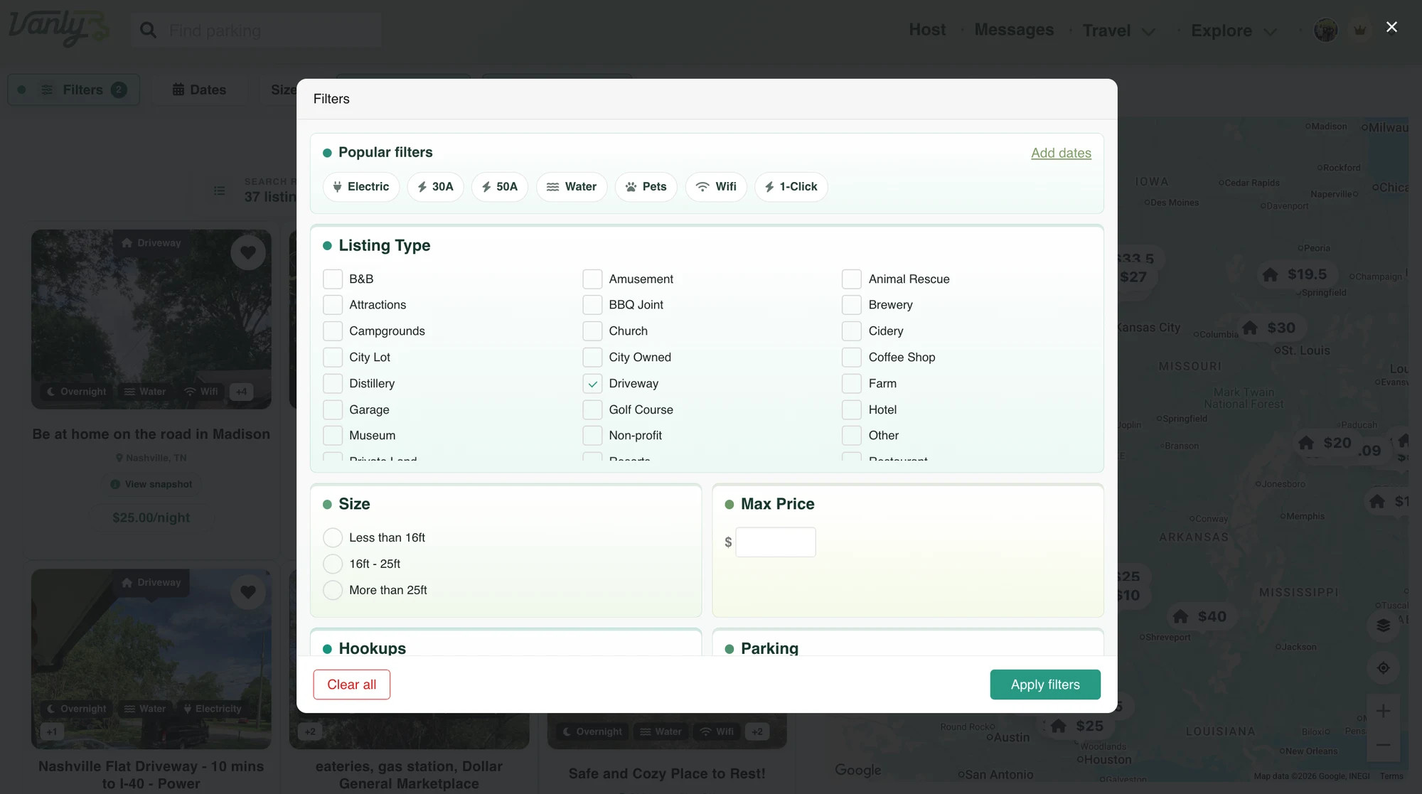 Use Vanly’s map and filters to narrow your parking options.