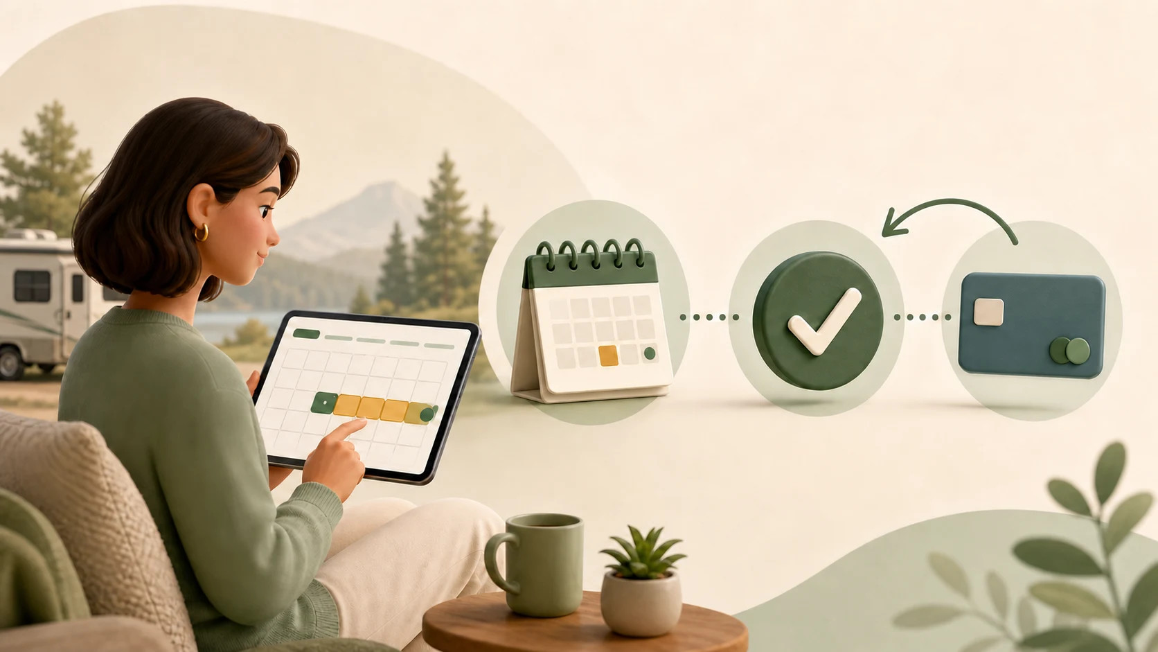 Illustration of a traveler reviewing booking dates, cancellation information, and payment-card details.