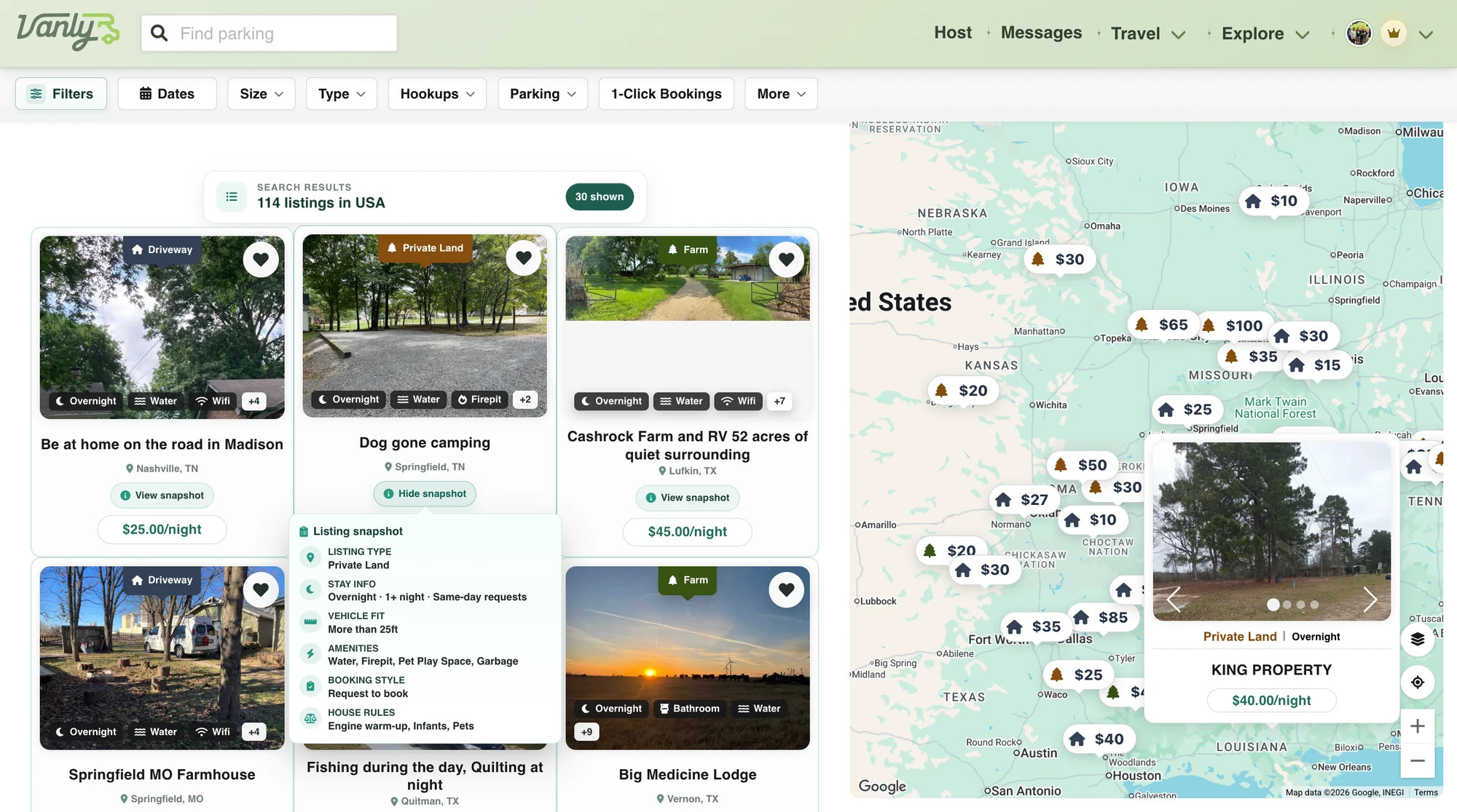 Use Vanly’s map and filters to narrow your parking options.