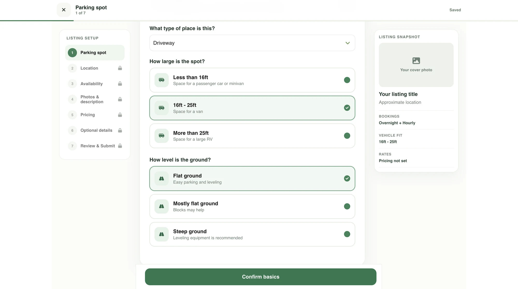 Illustration of an RV parking listing being created with photos, location, availability, pricing, and amenities.