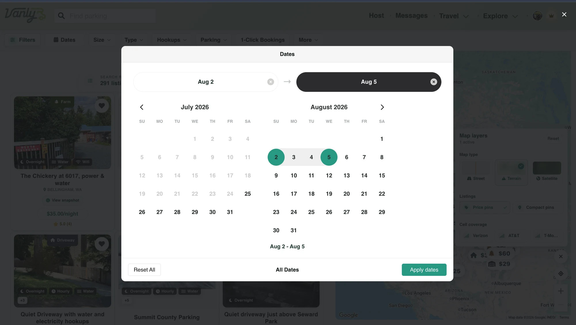 Vanly search form with a destination and travel dates selected.