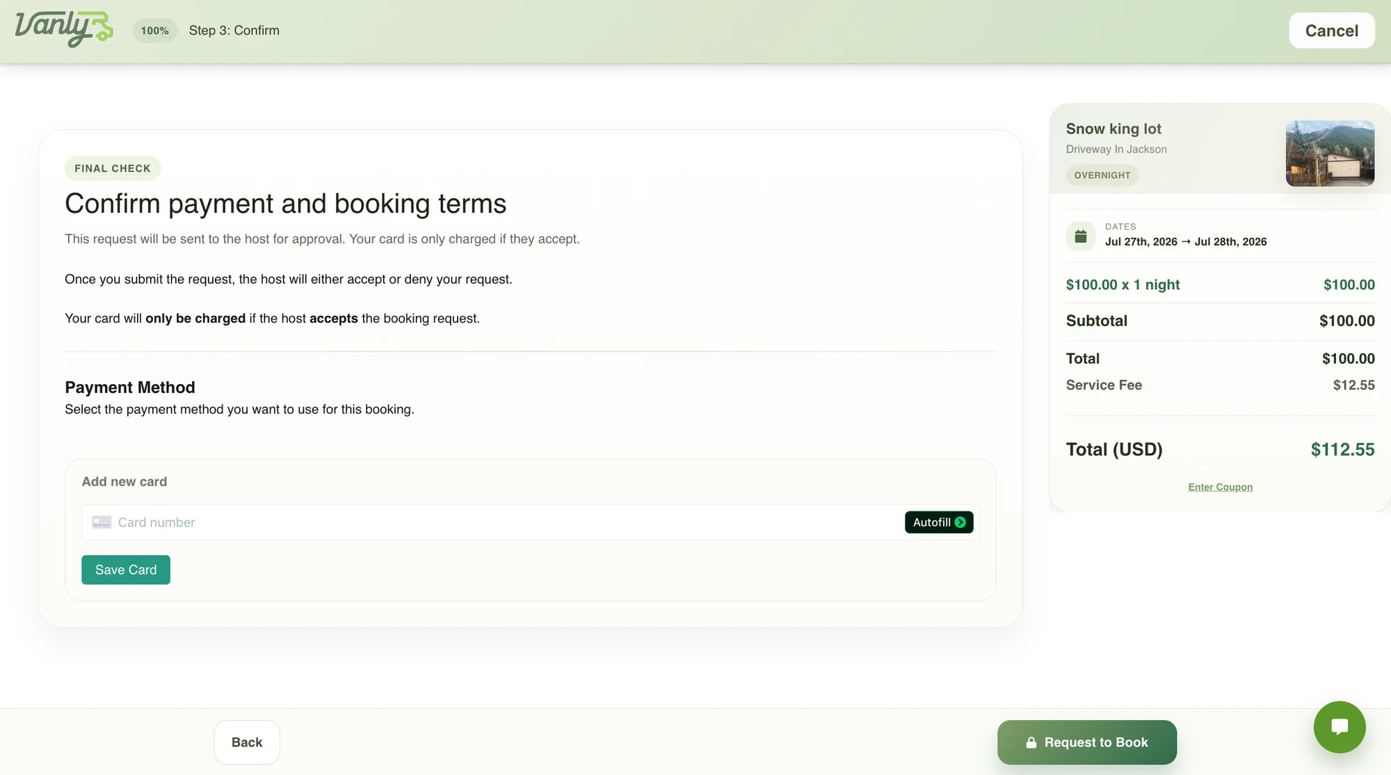 Vanly Trips page displaying the guest’s bookings.