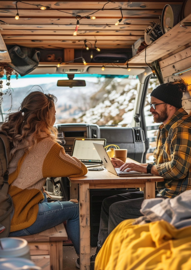 Young couple working remotely inside cozy campervan interior