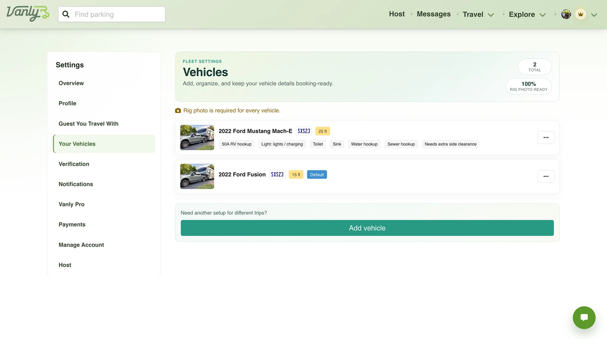 Vanly vehicle form displaying a preview of the uploaded rig photo.