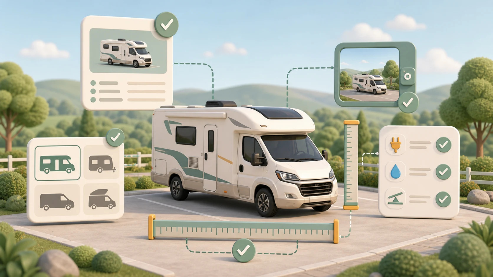 Traveler reviewing vehicle information on a phone beside a camper van.
