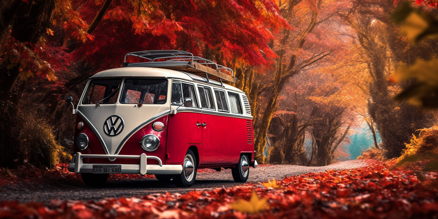 Campervan surrounded by vibrant autumn foliage