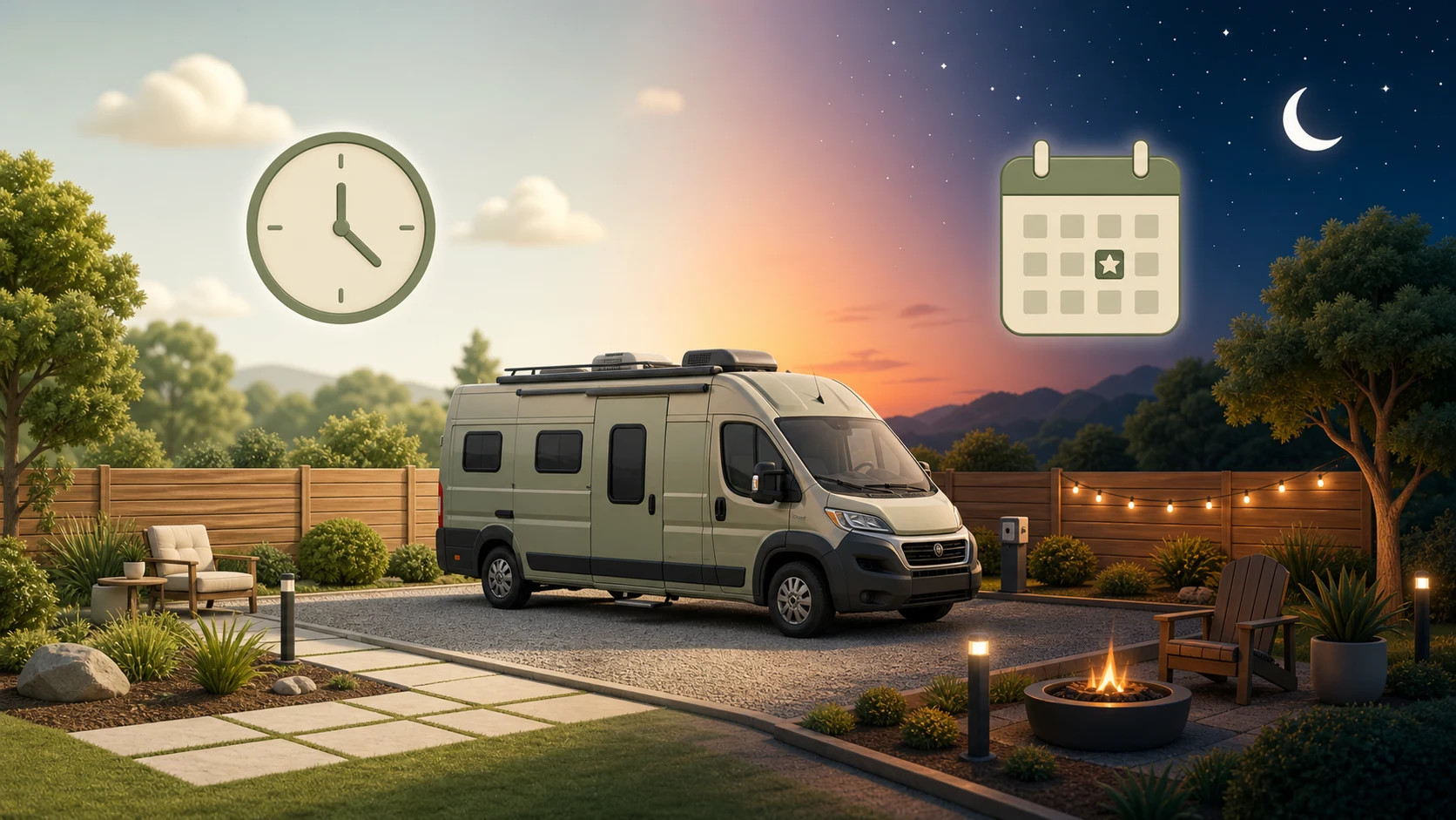 An RV parking space transitioning from daylight with a clock to nighttime with a calendar, representing hourly and overnight stays.