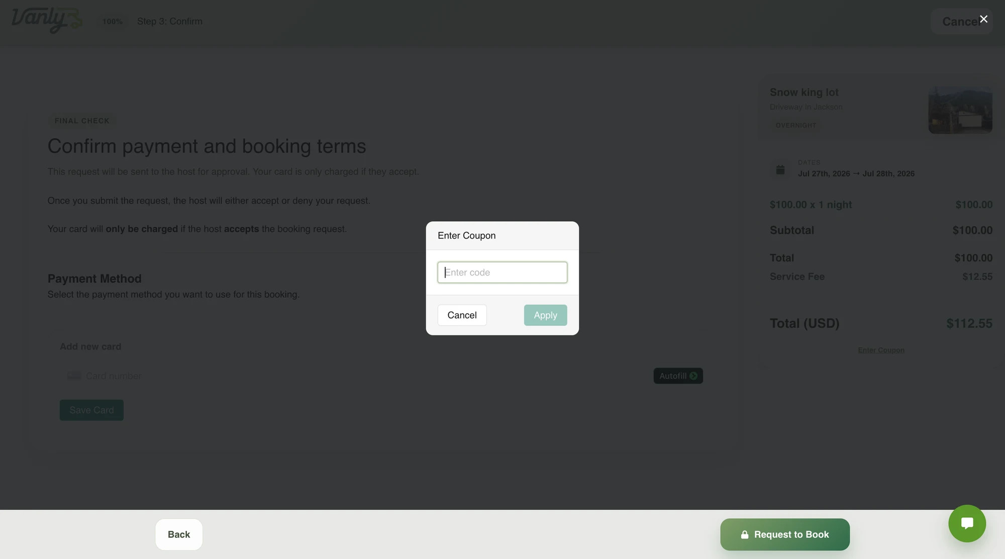Vanly booking review page showing the selected stay dates and arrival schedule.