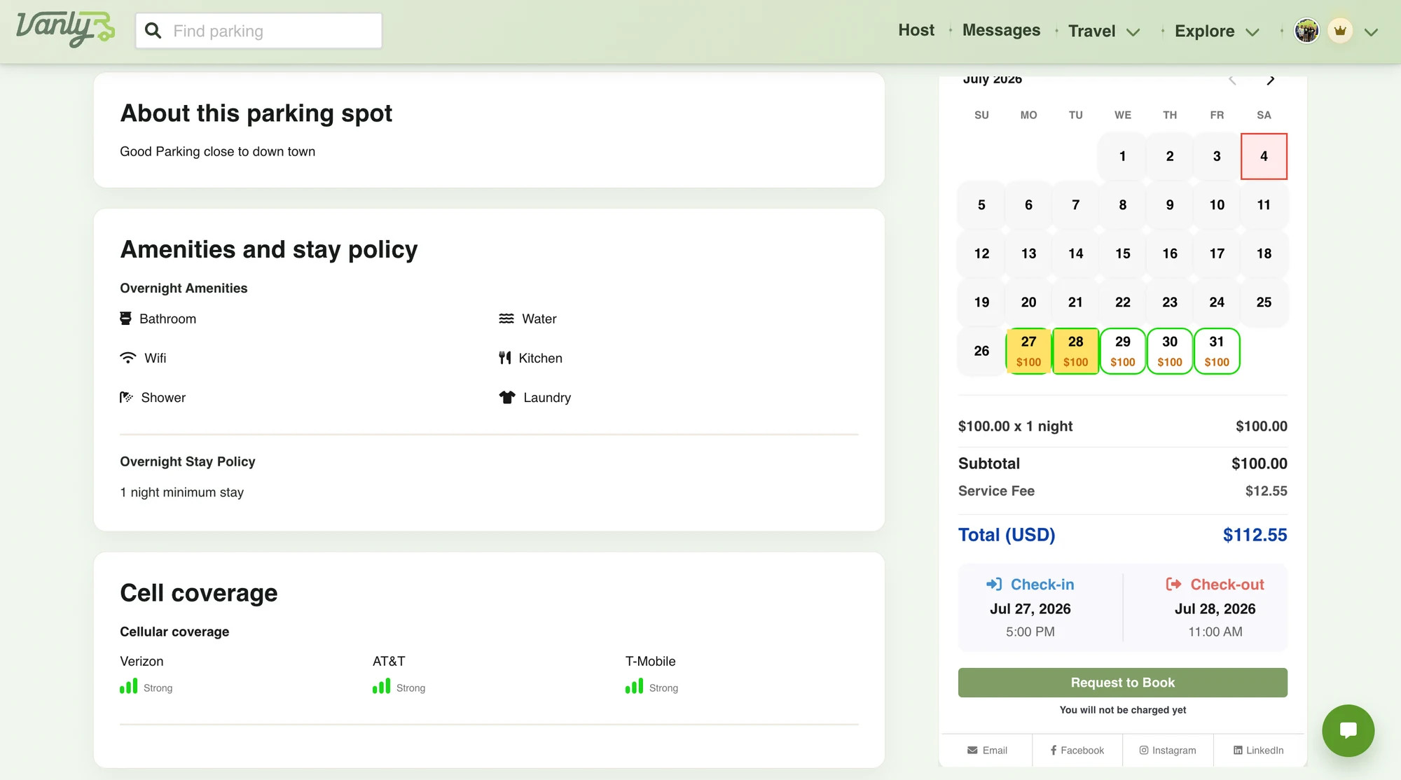 Vanly booking review page showing the selected stay dates and arrival schedule.