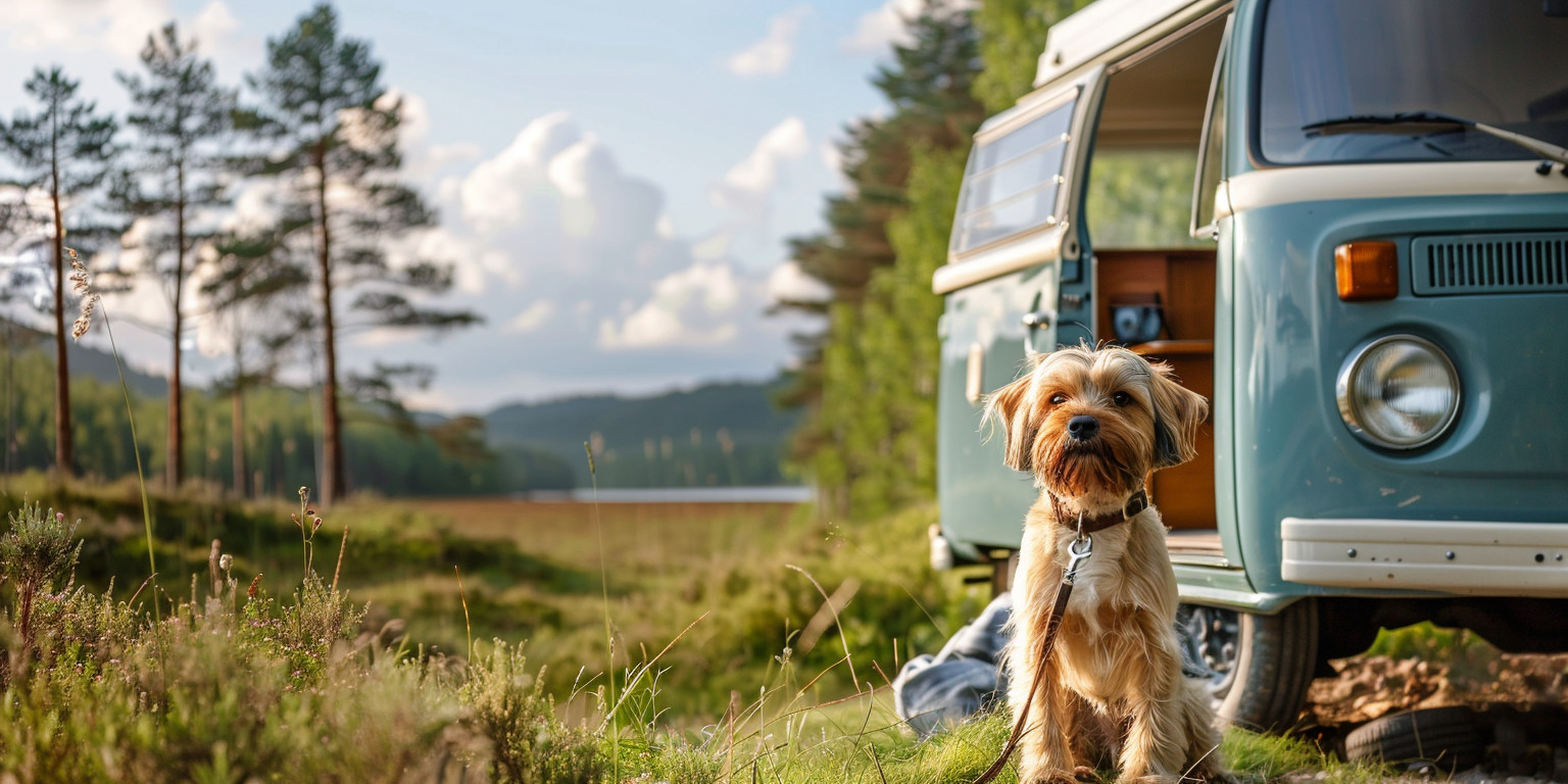 Dog on leash outside vintage campervan, scenic backdrop