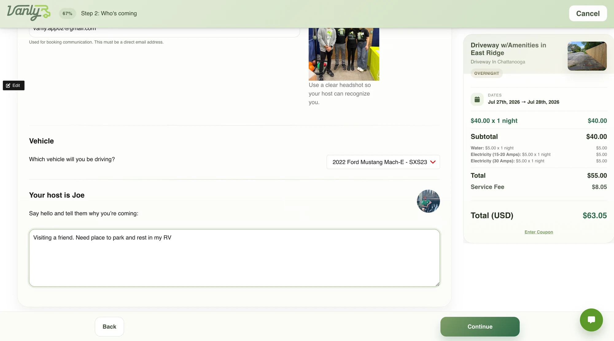 Confirm your trip, guest, vehicle, and host-introduction details.