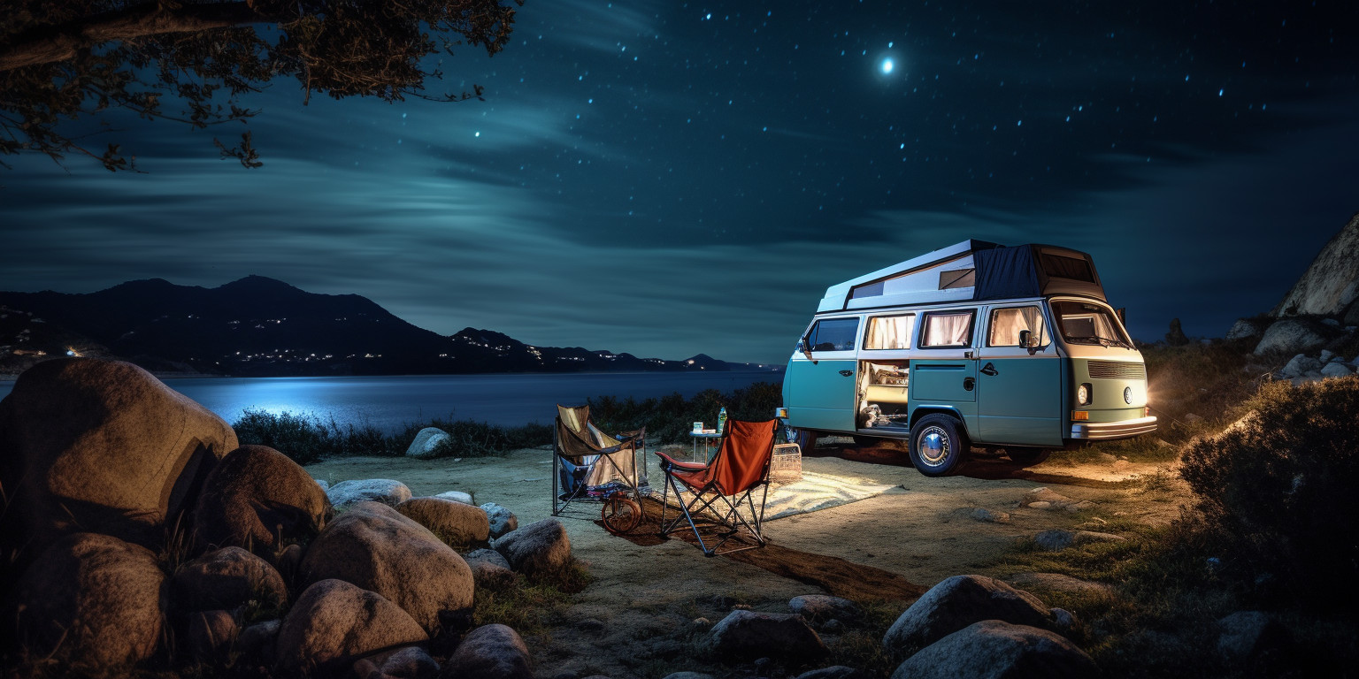 A cozy campervan parked under a starry night sky with minimal light pollution
