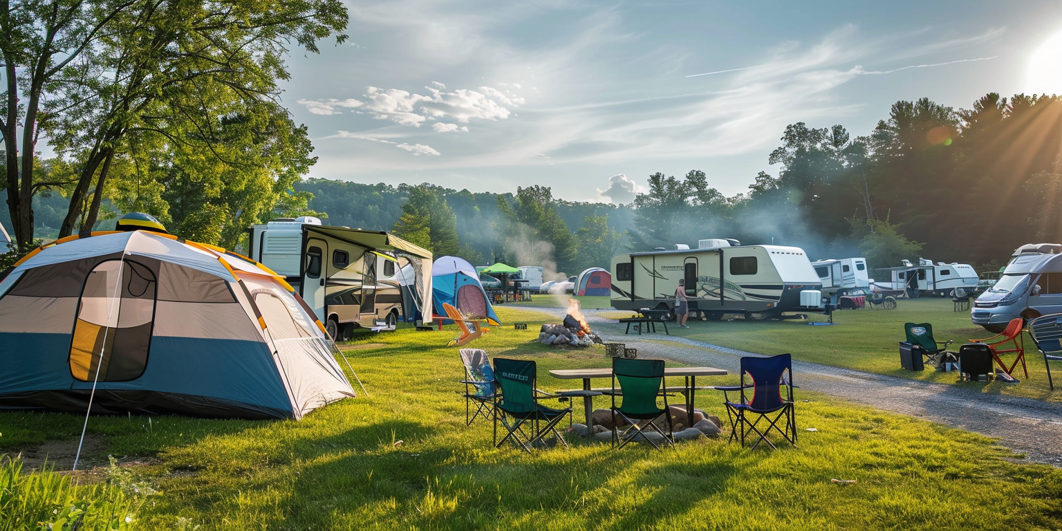 A lively camping scene with tents, hiking gear and campers at an outdoor oasis