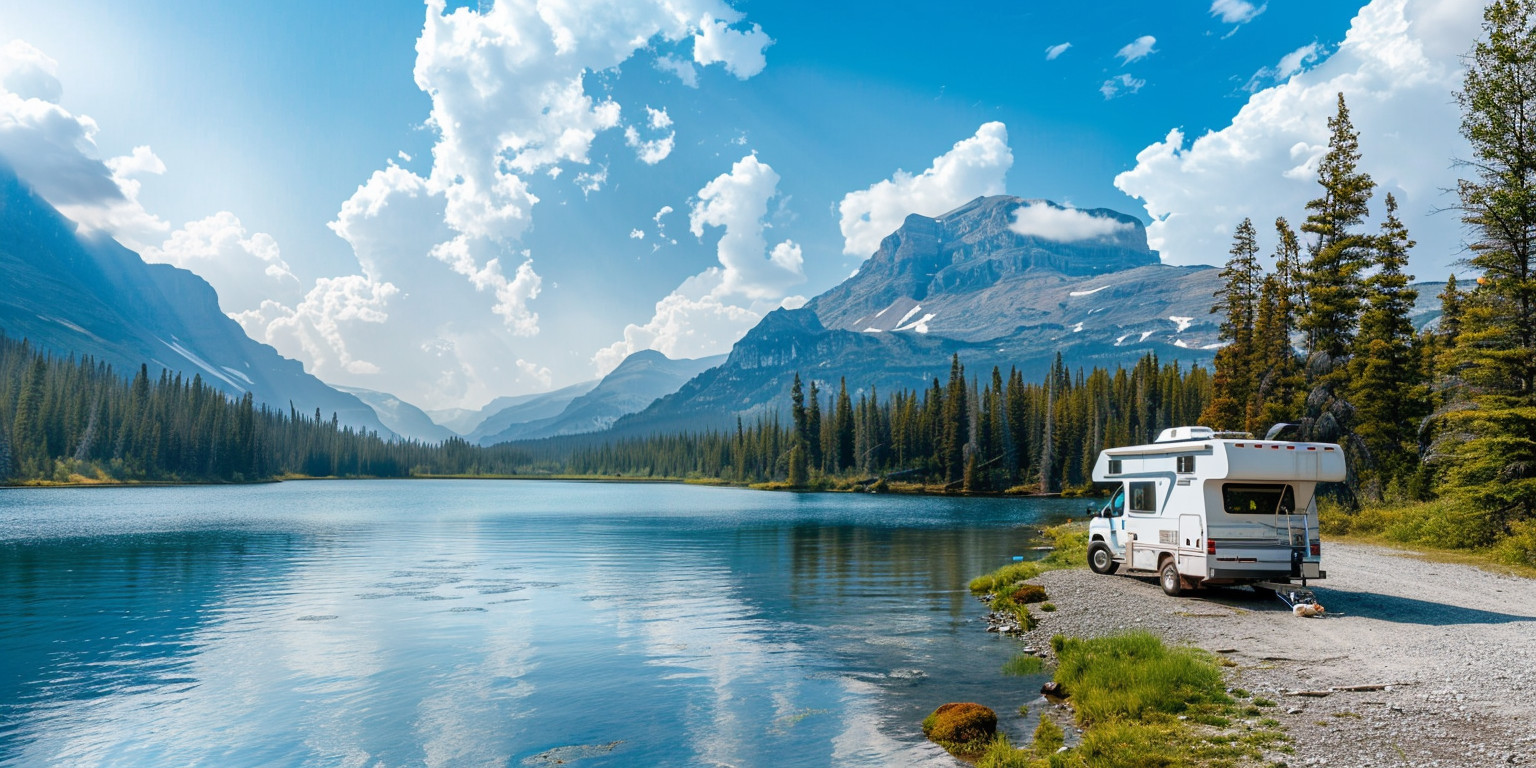 RV parked near pristine lake, eco-friendly camping scene