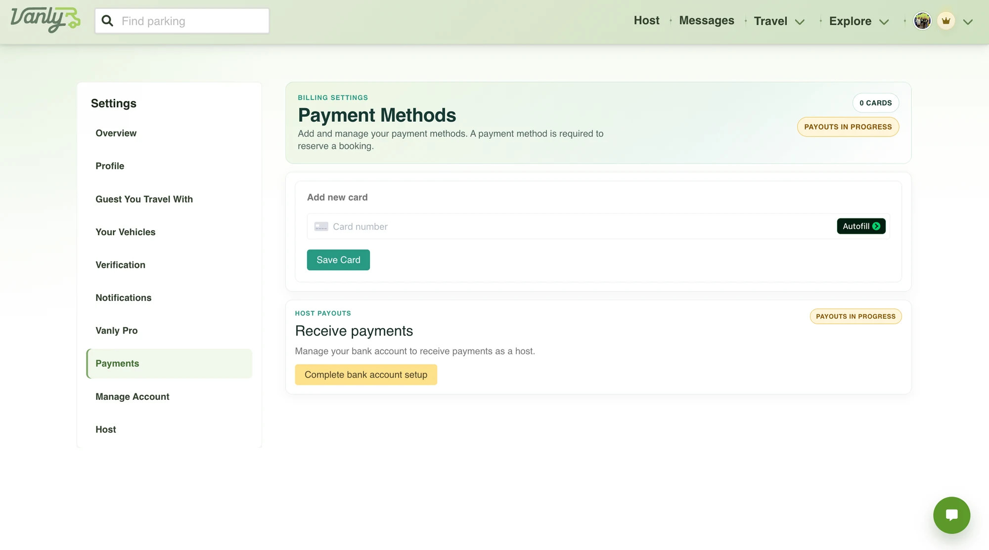 Vanly Payment Methods page displaying the guest’s saved cards.
