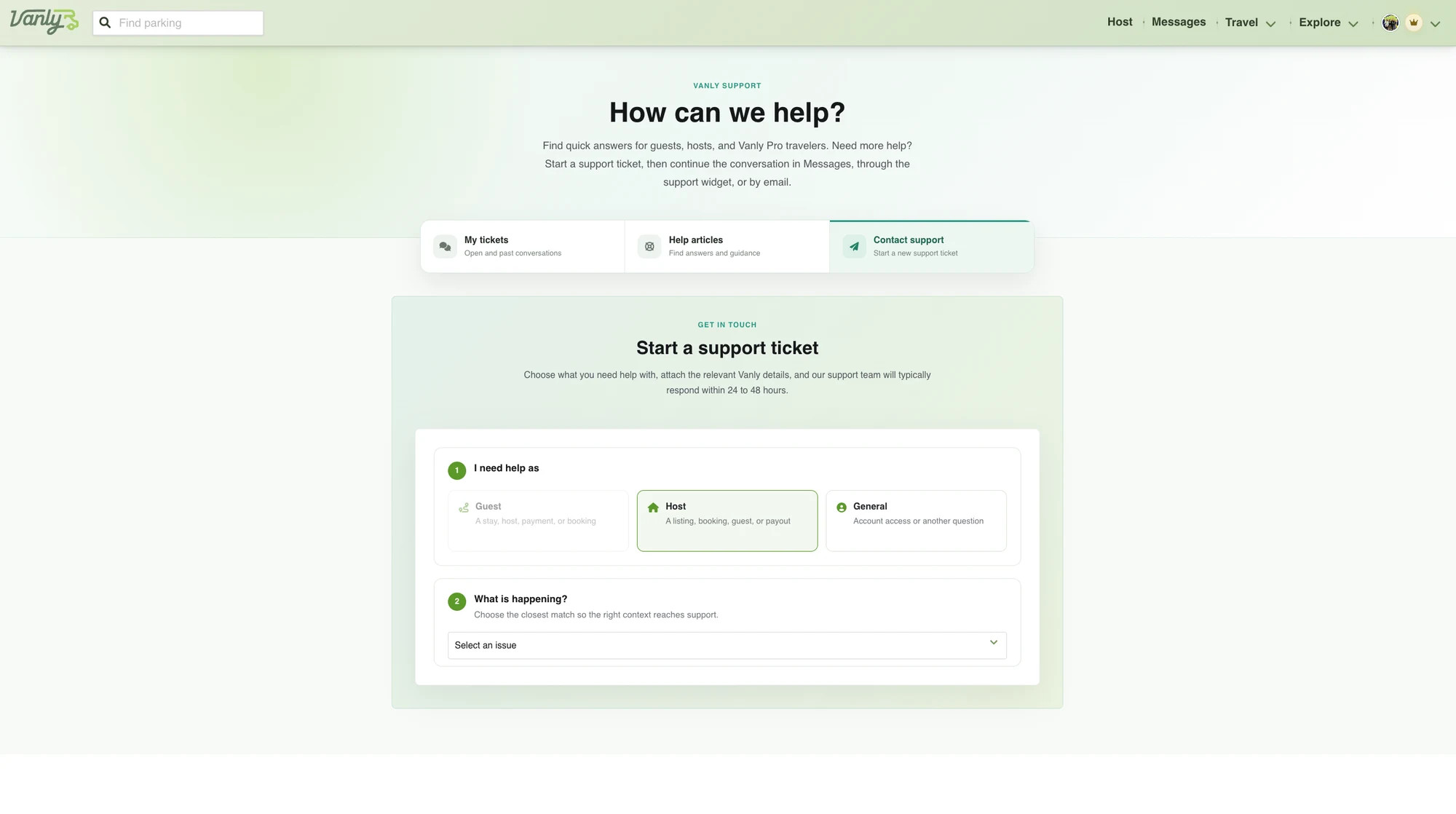 Vanly support-ticket form with Guest selected and a menu for choosing the type of issue.