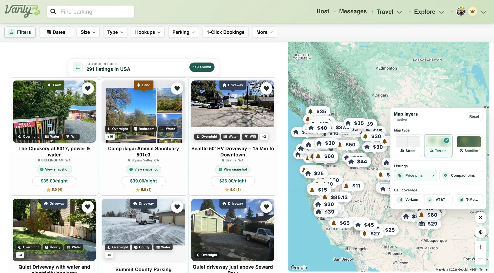 Vanly homepage with the Find parking search field.