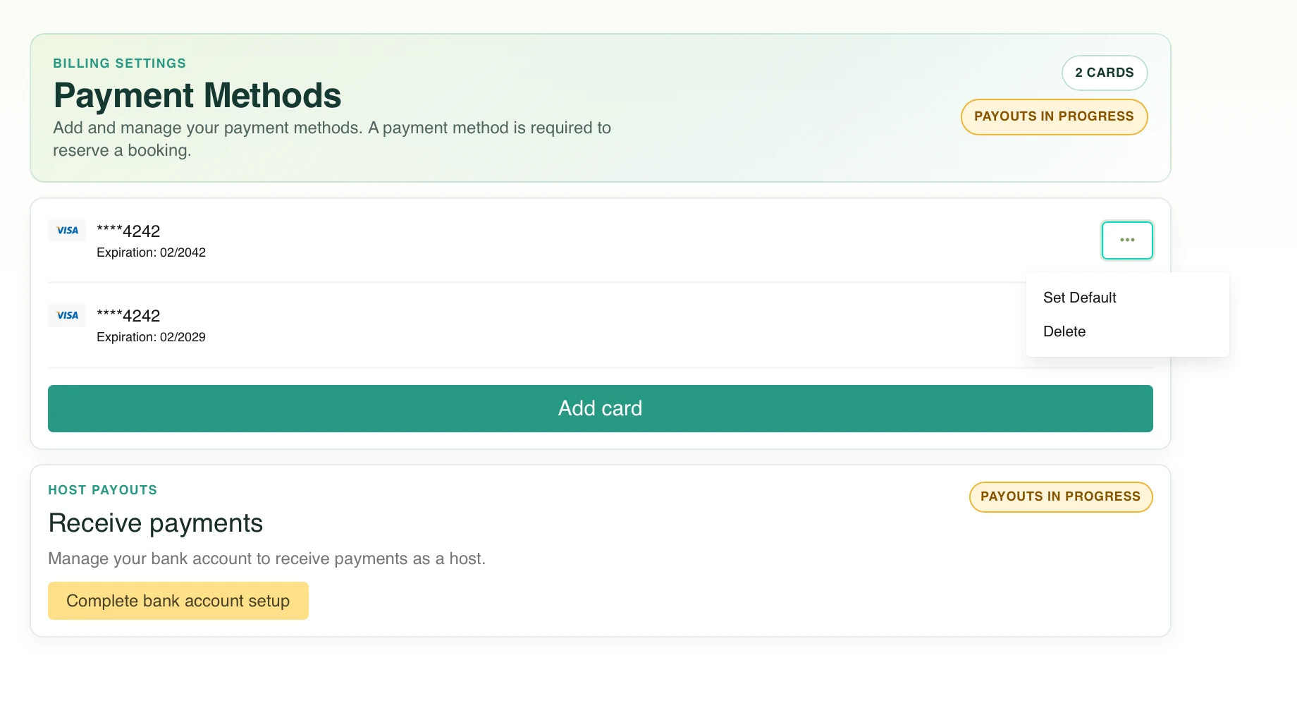 Vanly Payment Methods page displaying the guest’s saved cards.
