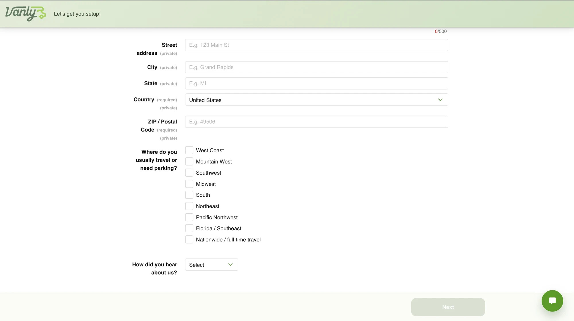Vanly profile form showing address and travel preference fields