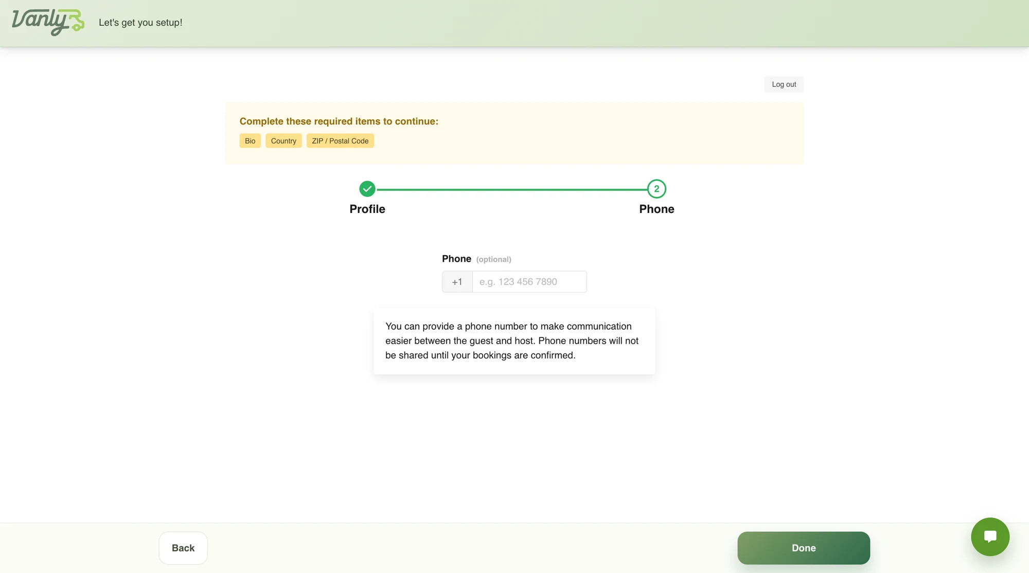 Vanly phone-verification step with a mobile-number field.