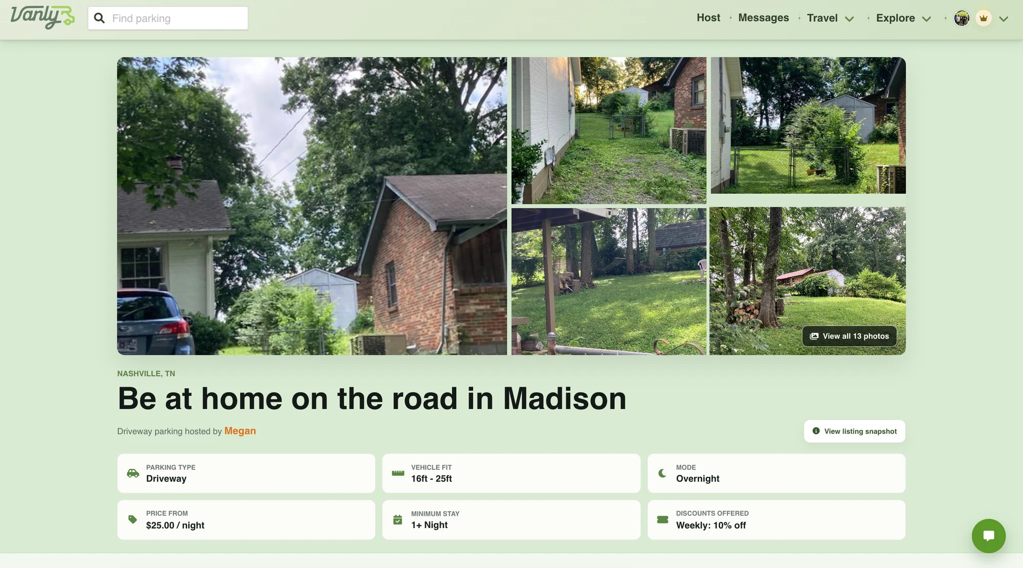 Vanly listing page with property photos and parking information.