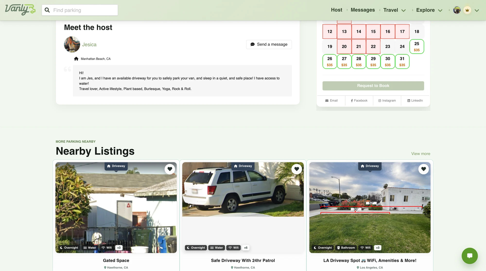 Vanly listing page with property photos and parking information.