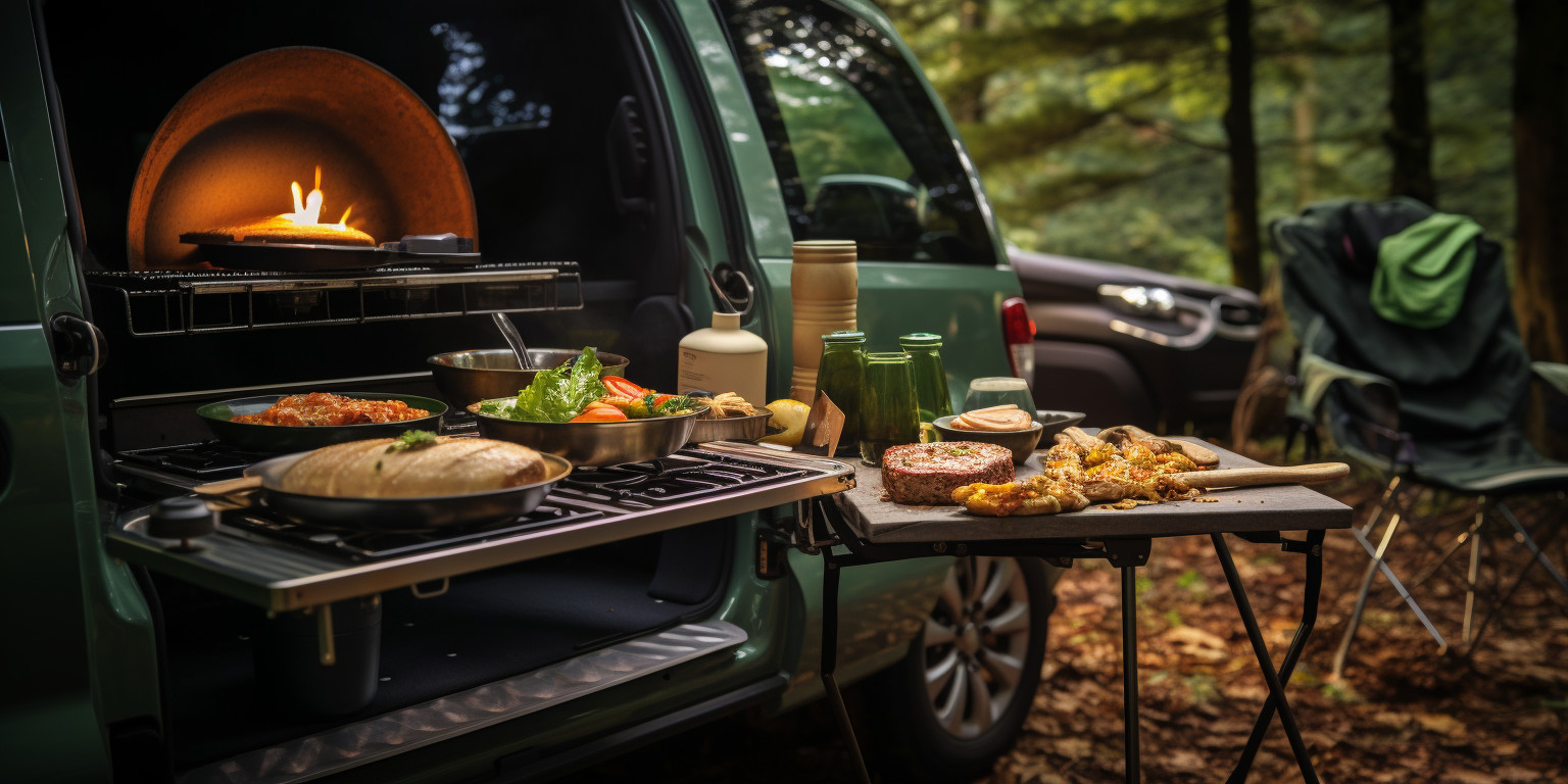 A campervan with a portable stove or grill 