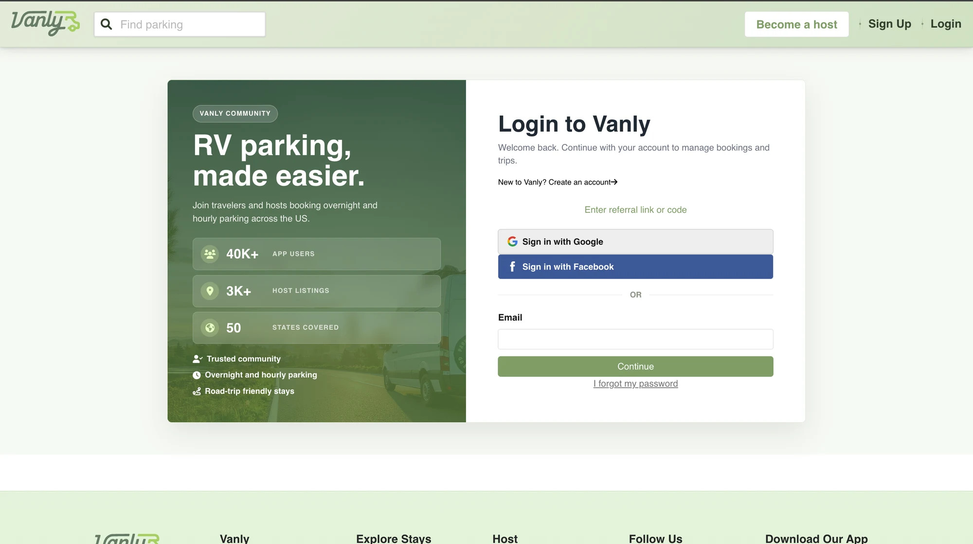 Vanly login page with options to sign in or create a new account.